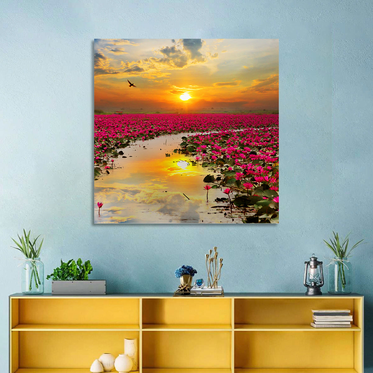 Golden Hour Lotus Field Wall Art in a room, square
