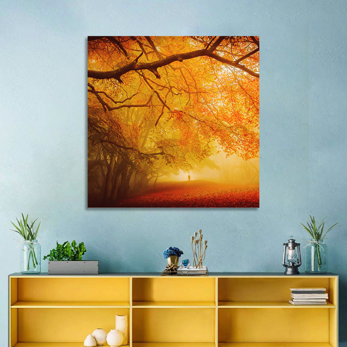 Autumn Forest Path with Lone Figure Wall Art in a room, square