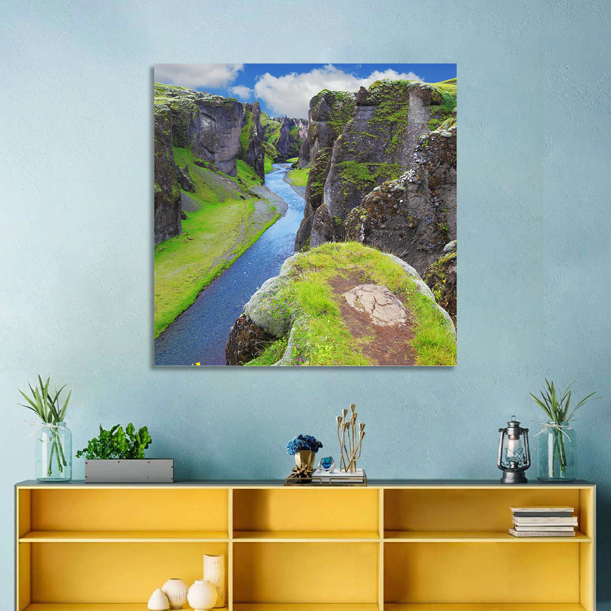 Neverland Cliffs, Fjaðrárgljúfur Canyon Wall Art in a room, square