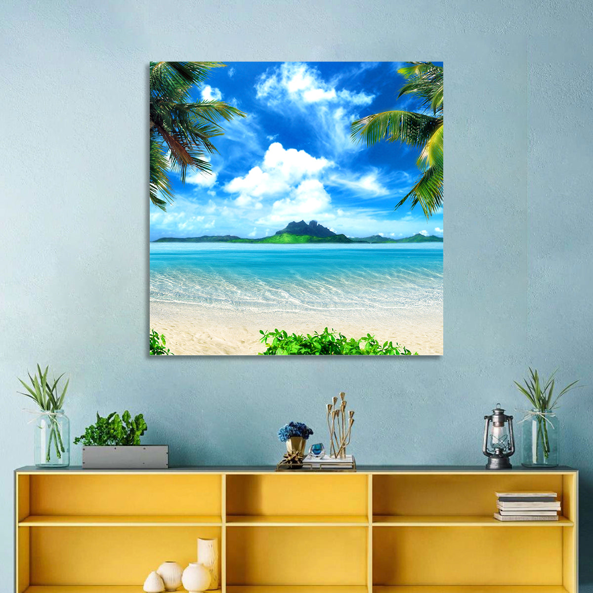 Palm-framed Tropical Island Beach Wall Art in a room, square
