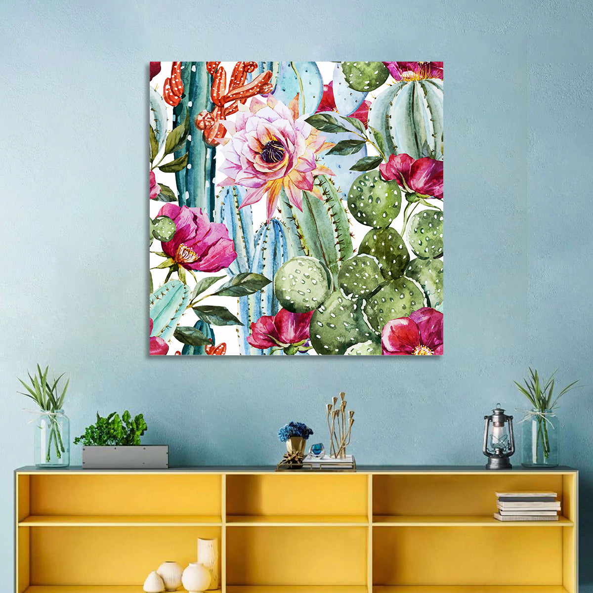 Watercolor Cactus Pattern Wall Art in a room, square