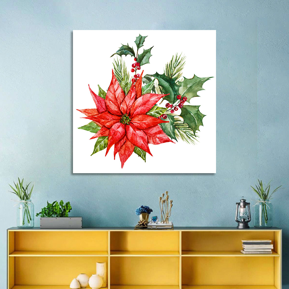 Christmas Poinsettia Watercolor Wall Art in a room, square