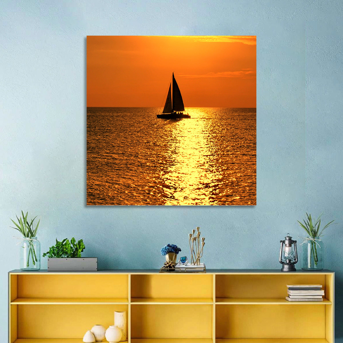 Sailboat Silhouette at Golden Sunset Wall Art in a room, square