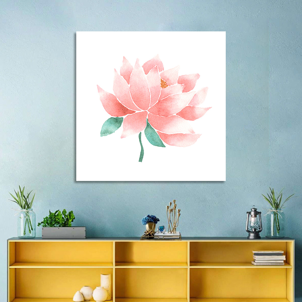 Soft Pink Lotus Watercolor Wall Art in a room, square