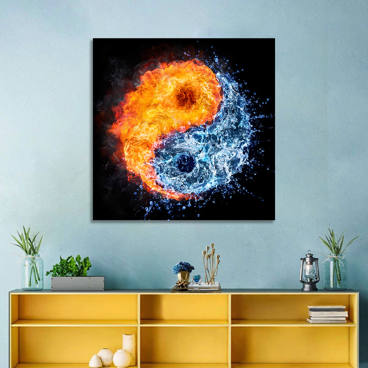 Fire and Water Yin Yang Wall Art in a room, square