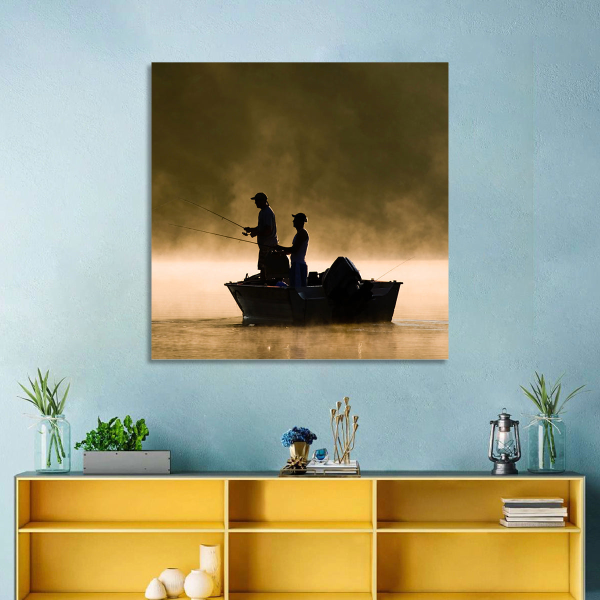Misty Lake Fishing Wall Art in a room, square