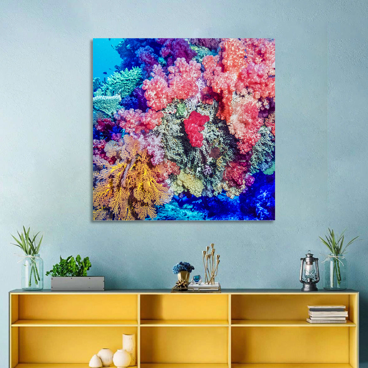 Vibrant Coral Reef Wall Art in a room, square