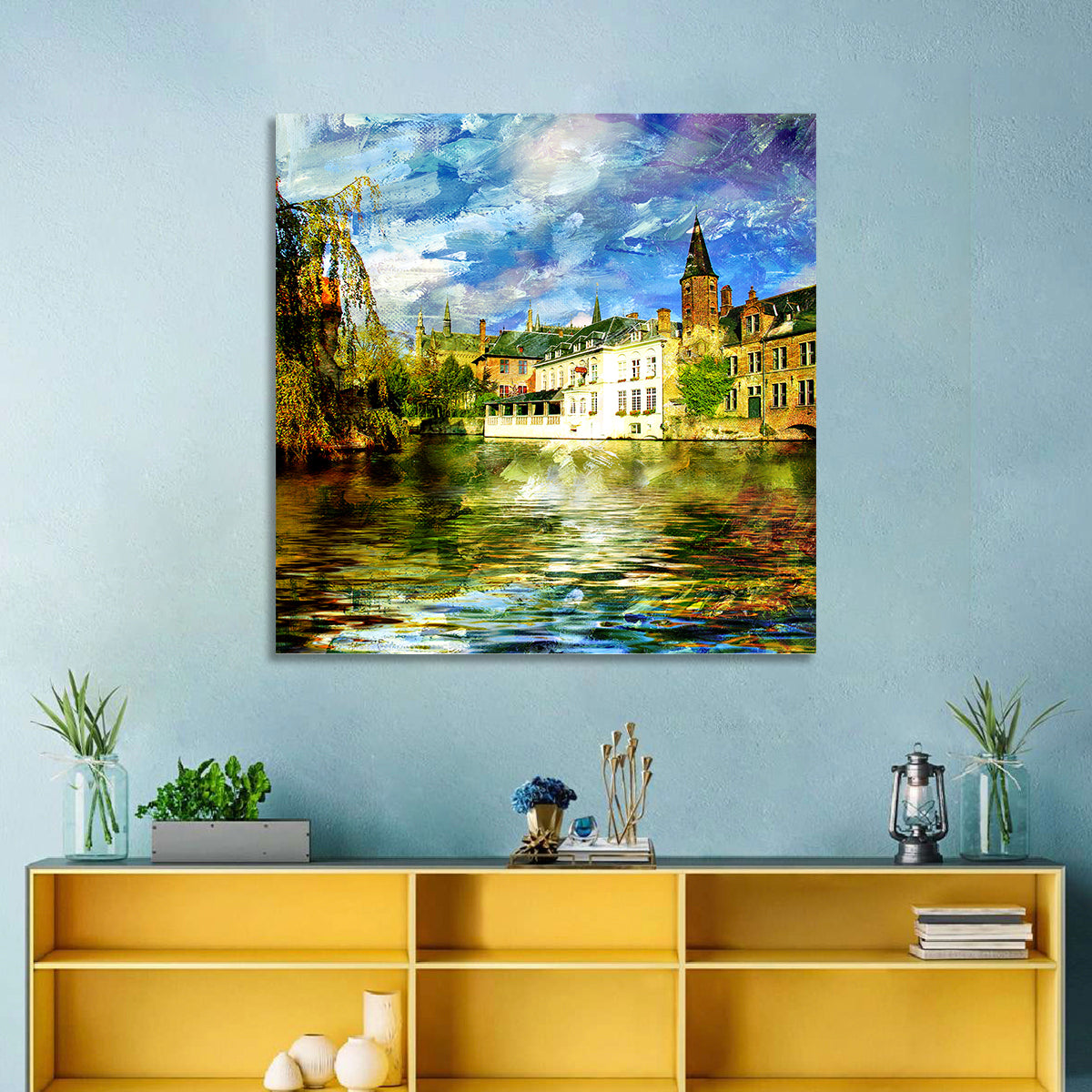 Dijver Canal, Bruges Wall Art in a room, square