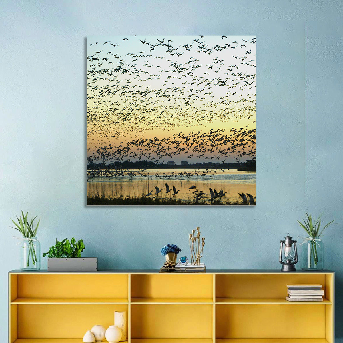 Snow Geese Over River Wall Art in a room, square