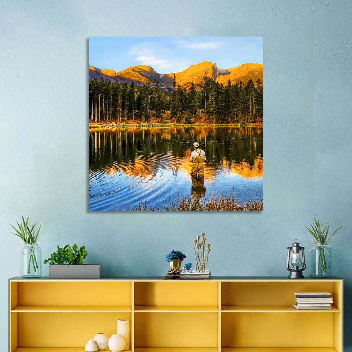 Sunrise Fishing at Sprague Lake Wall Art in a room, square