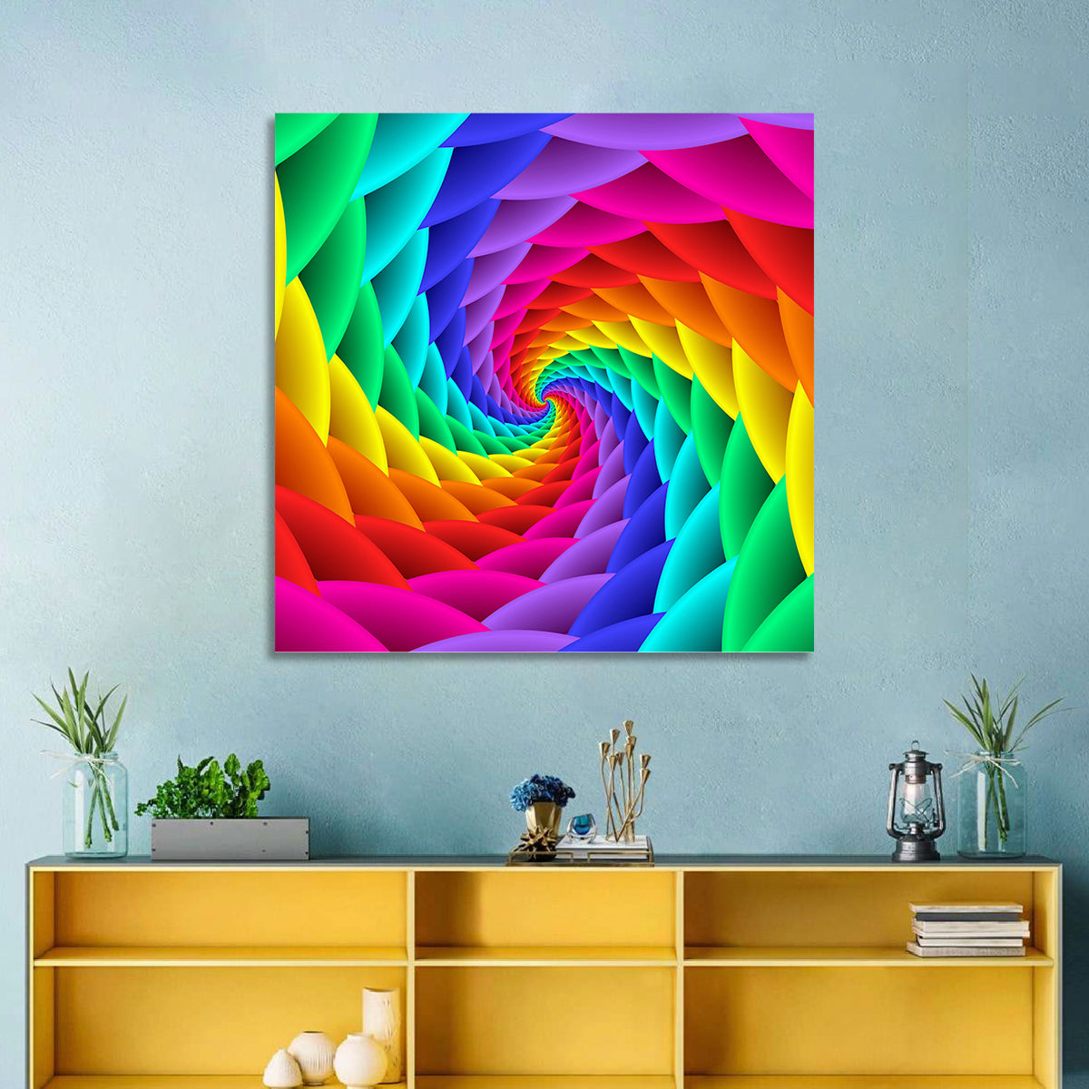 Rainbow Spiral Vortex Tunnel Wall Art in a room, square