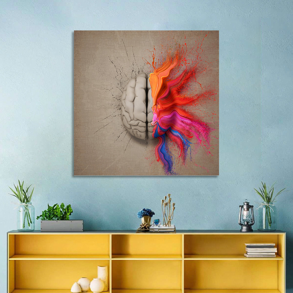 Creative Brain Duality Illustration Wall Art in a room, square