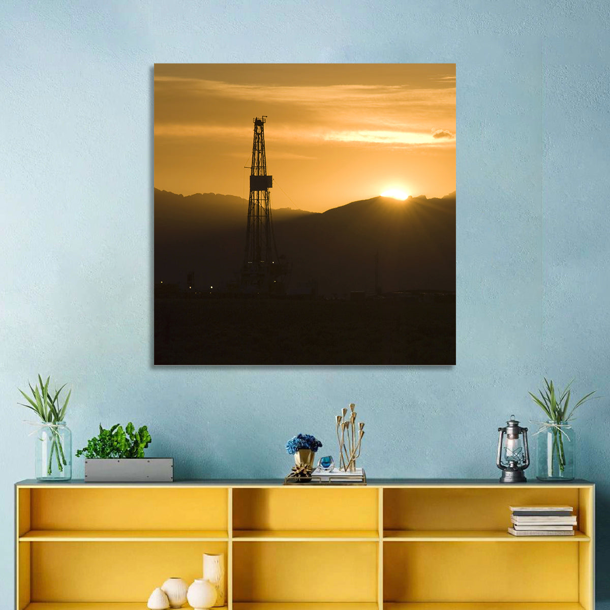 Sunrise Over Drilling Rig Wall Art in a room, square
