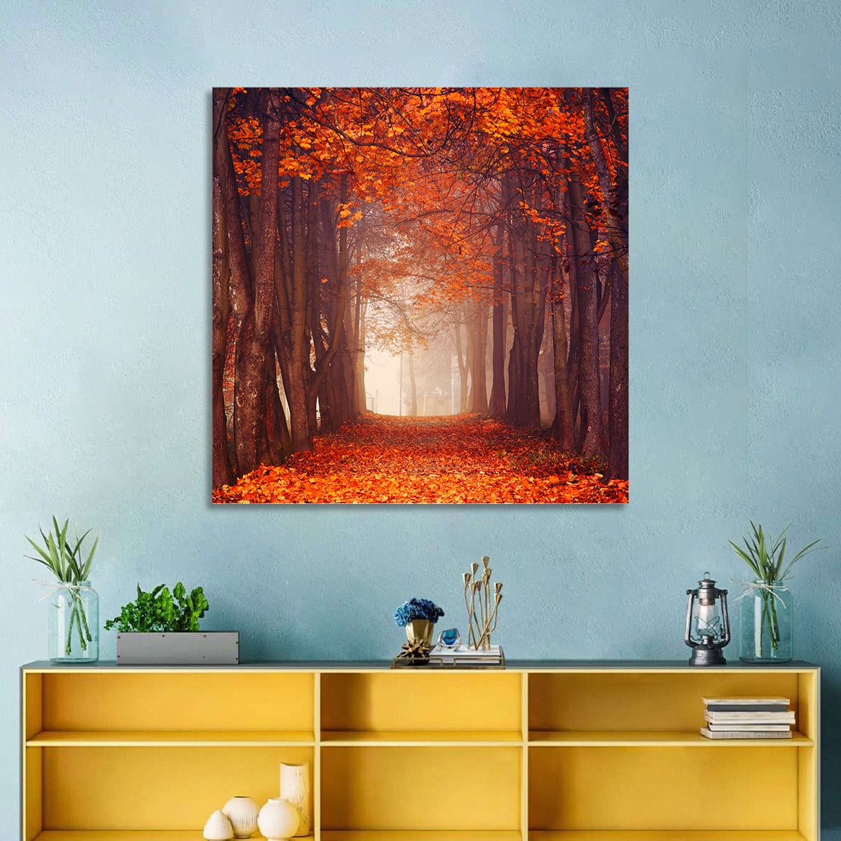 Misty Autumn Forest Path Wall Art in a room, square