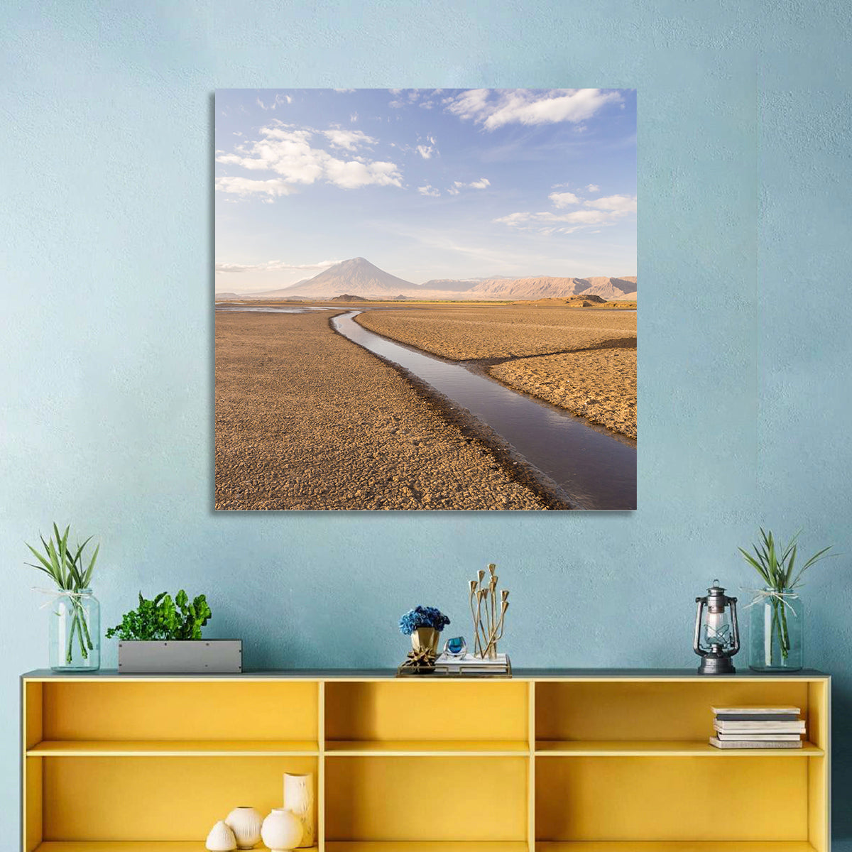 Lake Natron with Ol Doinyo Lengai Wall Art in a room, square