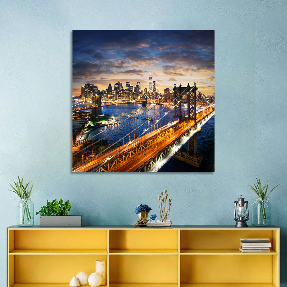 Manhattan Bridge Dusk Light Trails Wall Art in a room, square