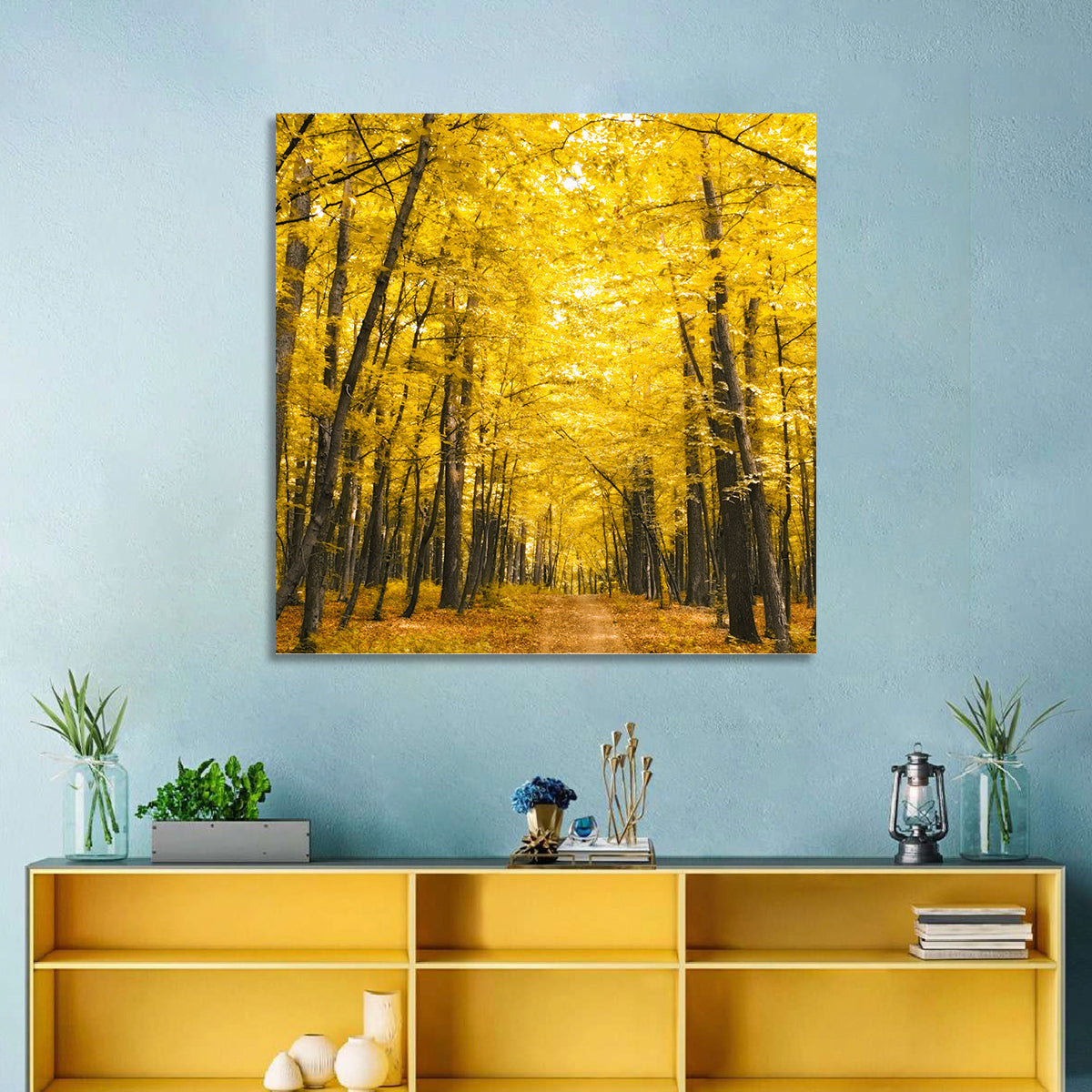 Yellow Autumn Forest Path Wall Art in a room, square