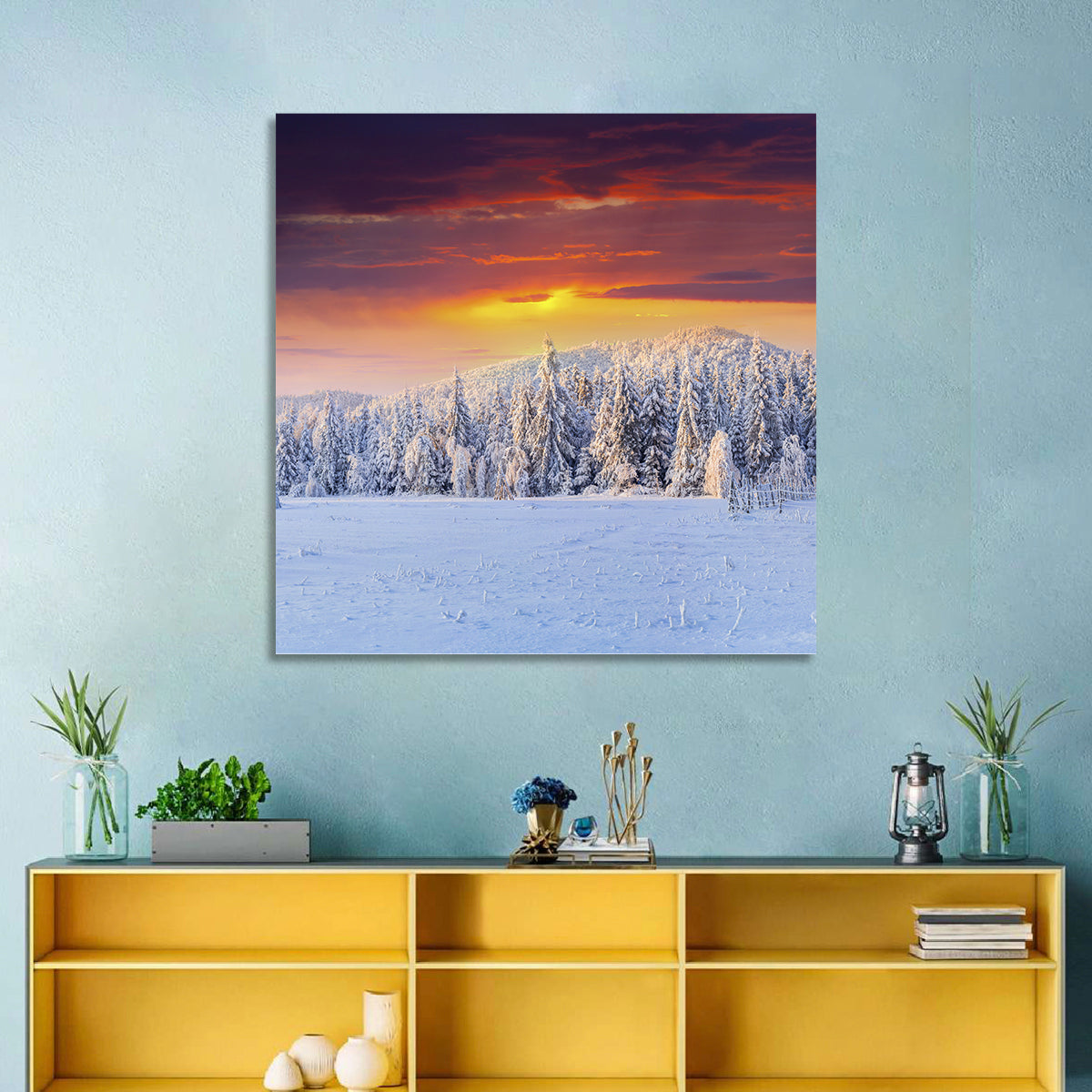 Snowy Forest Sunset Wall Art in a room, square