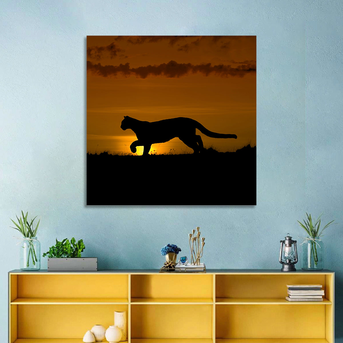 Cougar Silhouette at Sunset Wall Art in a room, square