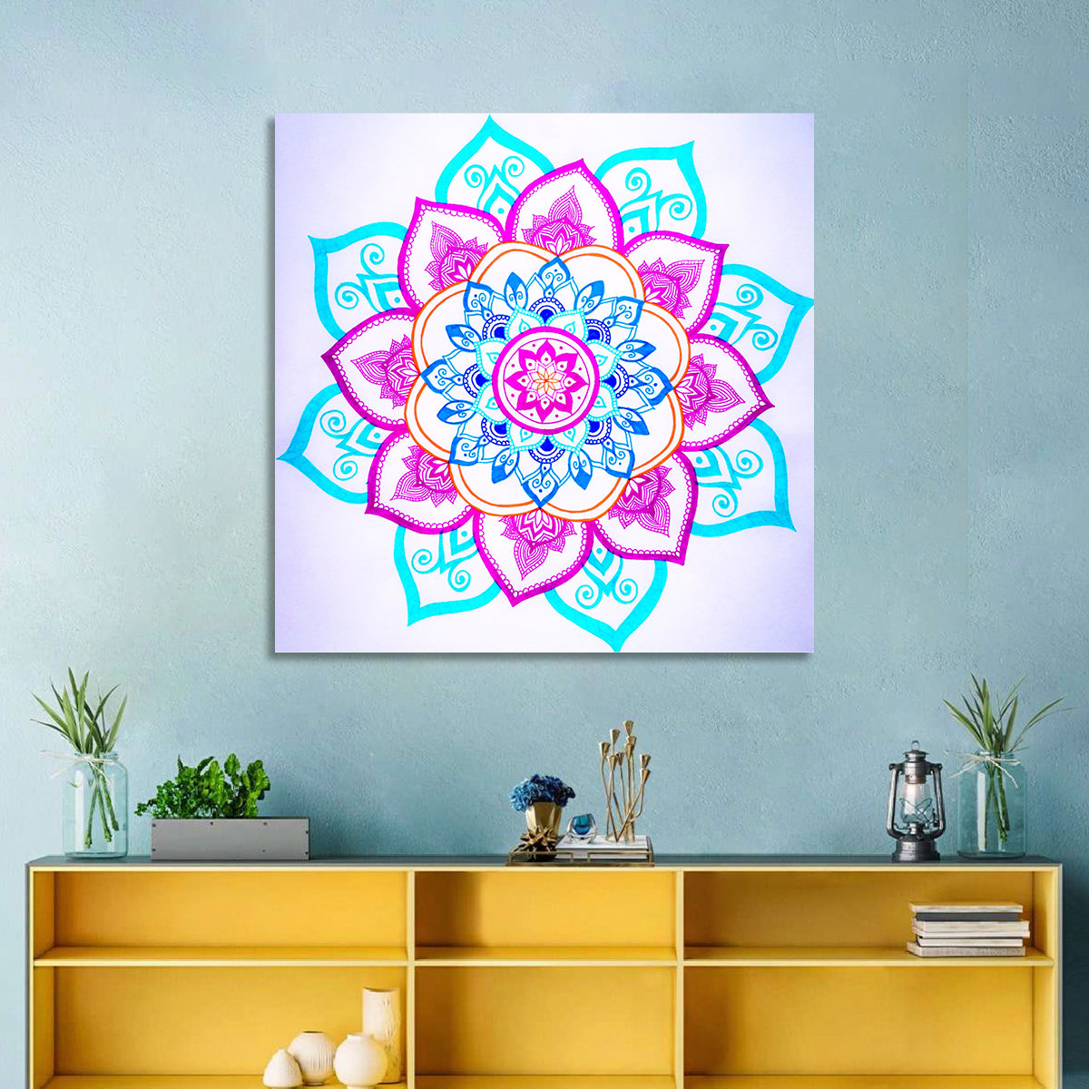 Vibrant Hand-drawn Mandala Flower Pattern Wall Art in a room, square