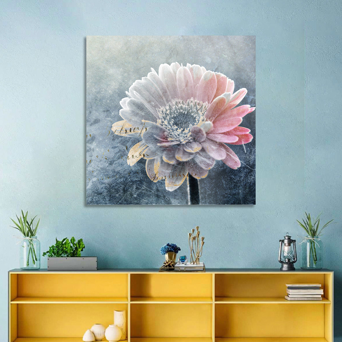 Winter Gerbera with Golden Script Wall Art in a room, square