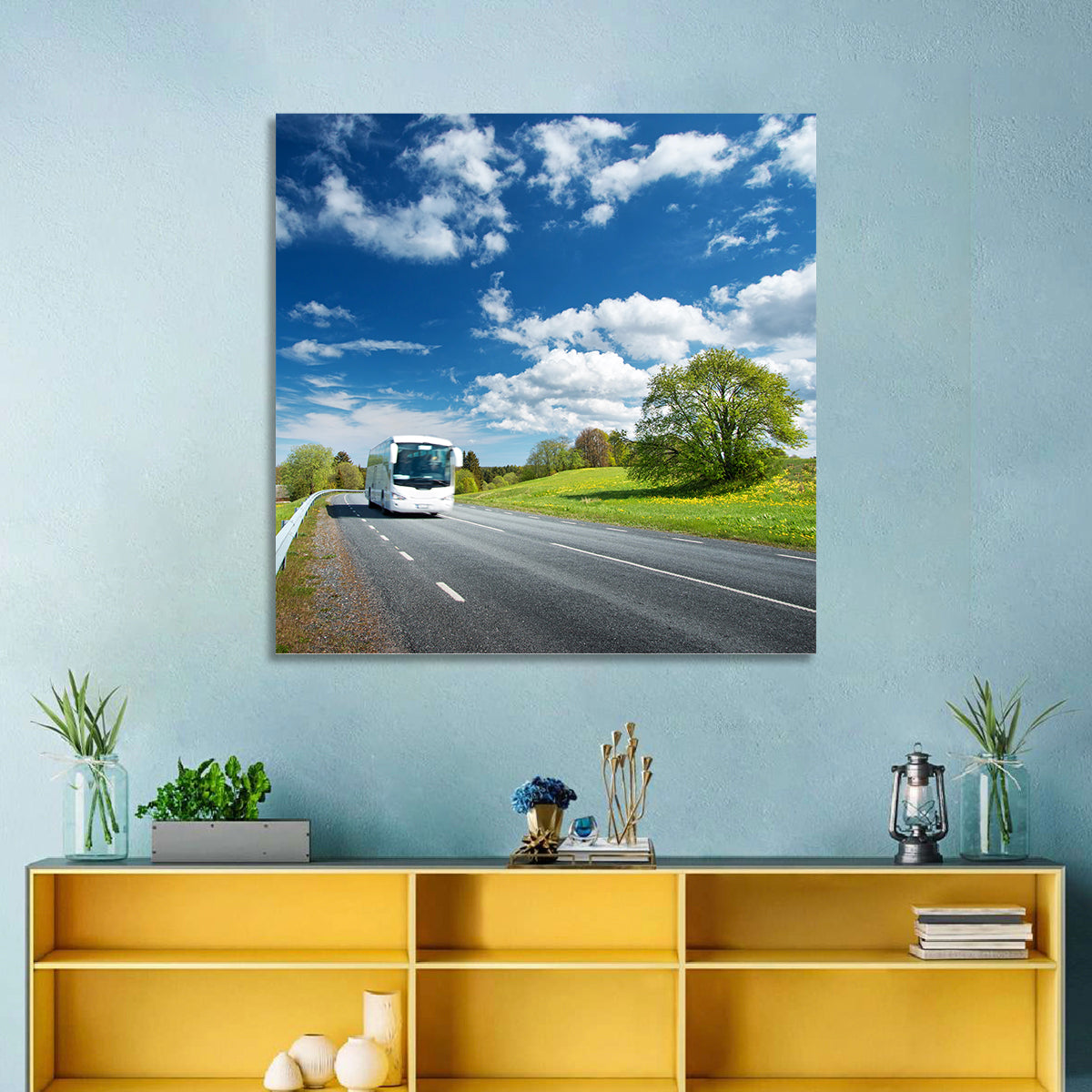 White Bus on Meadow Road Wall Art in a room, square