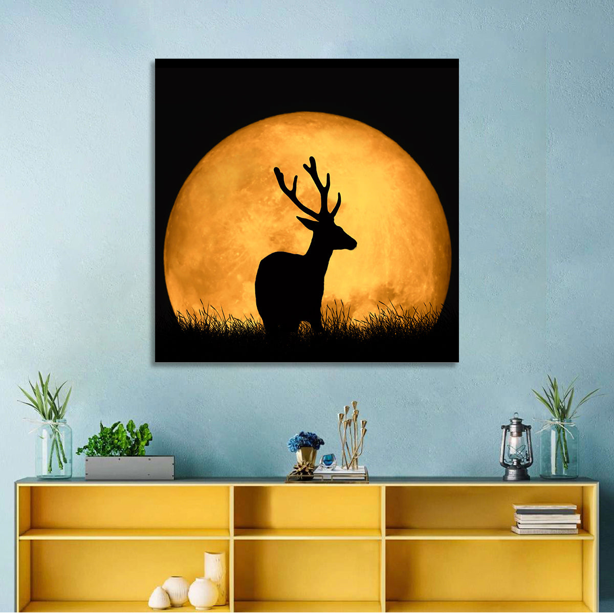 Buck Silhouette Under Red Moon Wall Art