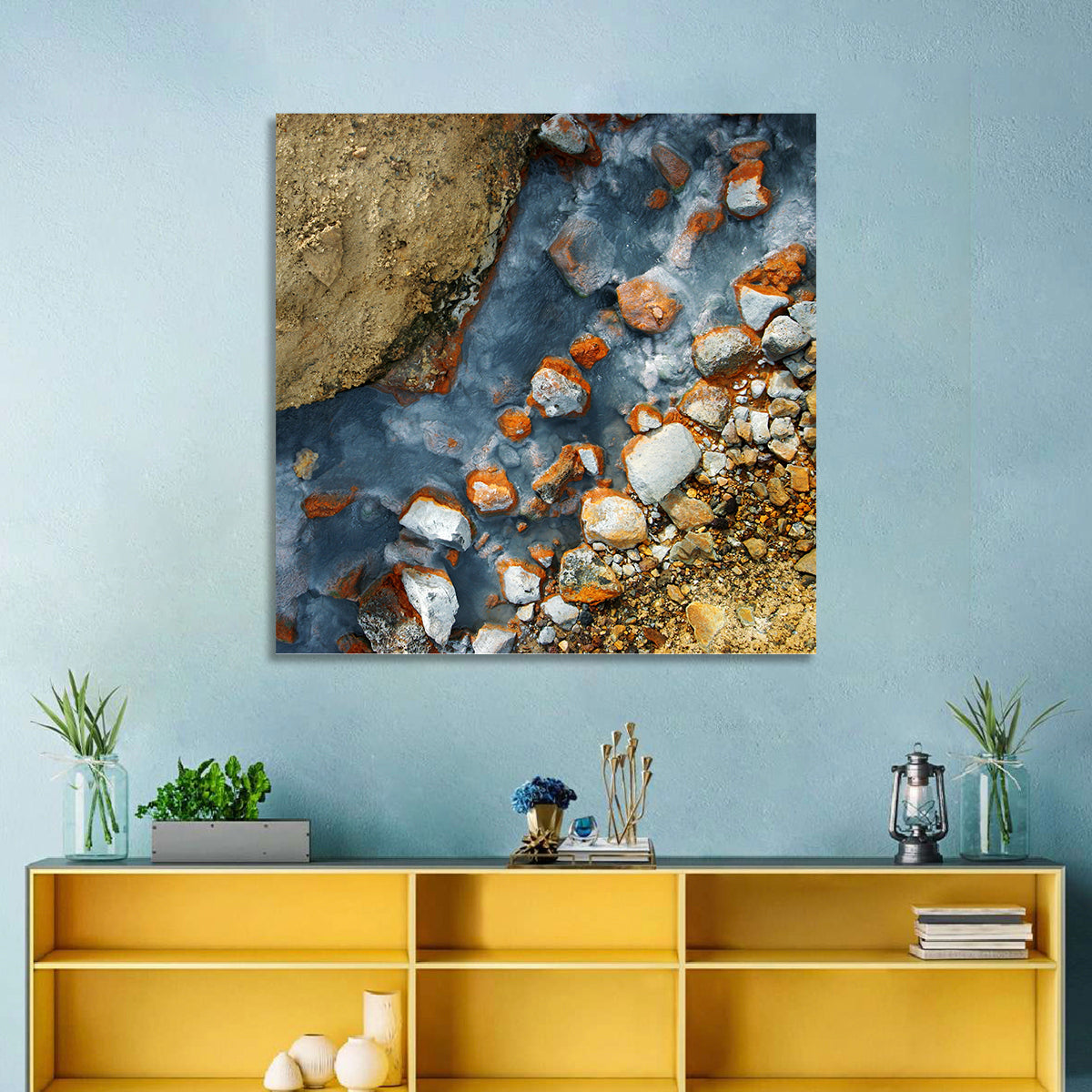 Milky Blue Geothermal Creek Wall Art in a room, square