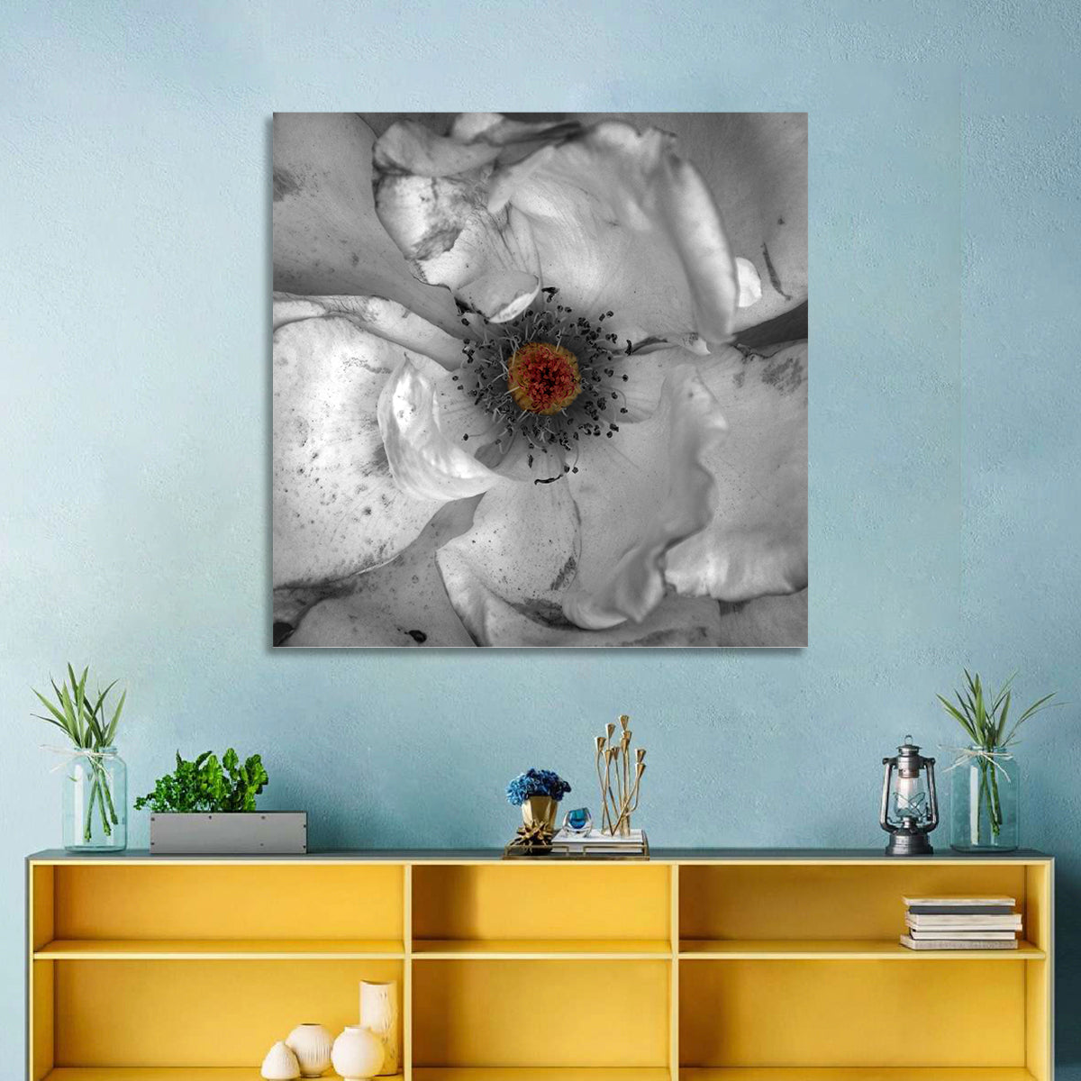 Rose Macro with Color Center Wall Art in a room, square