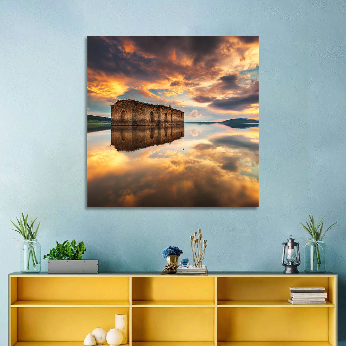 Sunken Church at Zhrebchevo Dam Wall Art in a room, square