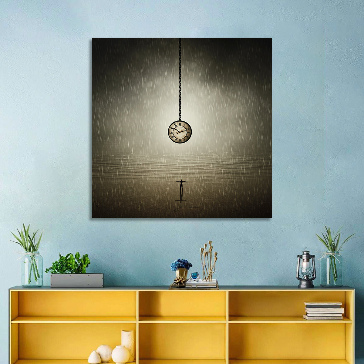 Suspended Pocket Watch in Rain Wall Art in a room, square