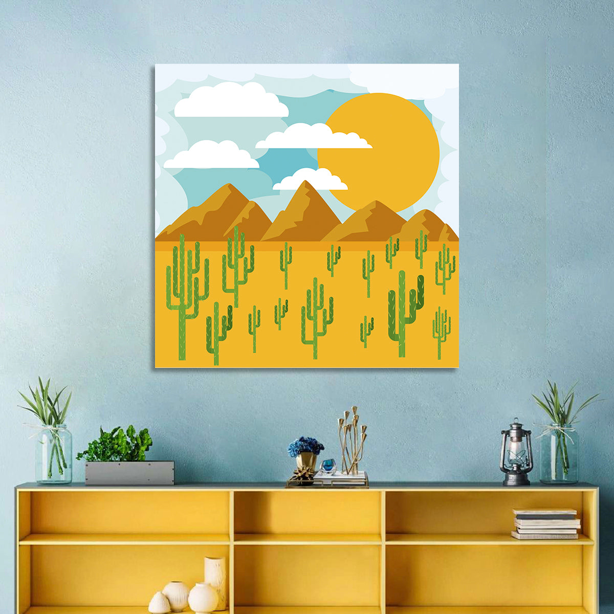 Sunny Desert Landscape Wall Art in a room, square