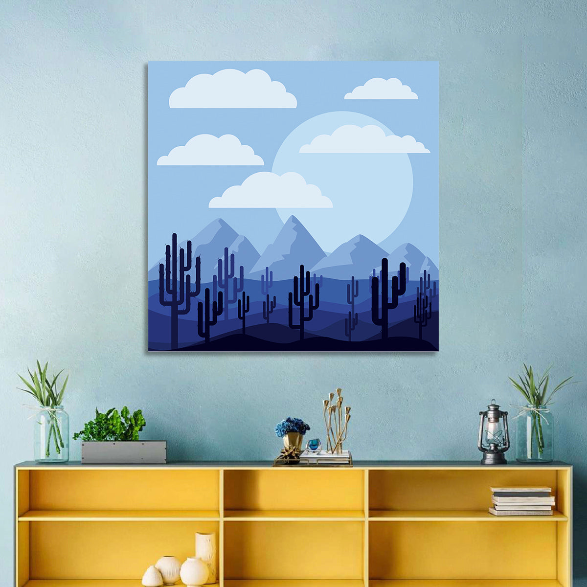 Blue Desert Cactus Illustration Wall Art in a room, square