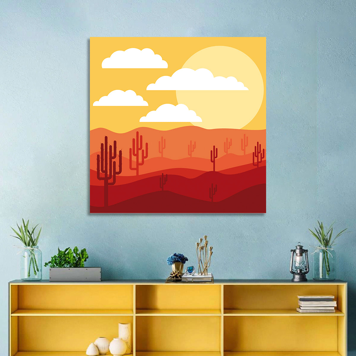Saguaro Desert Sunrise Wall Art in a room, square
