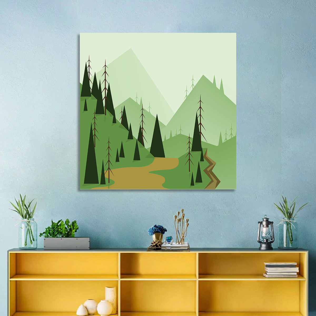 Green Foggy Hills Illustration Wall Art in a room, square