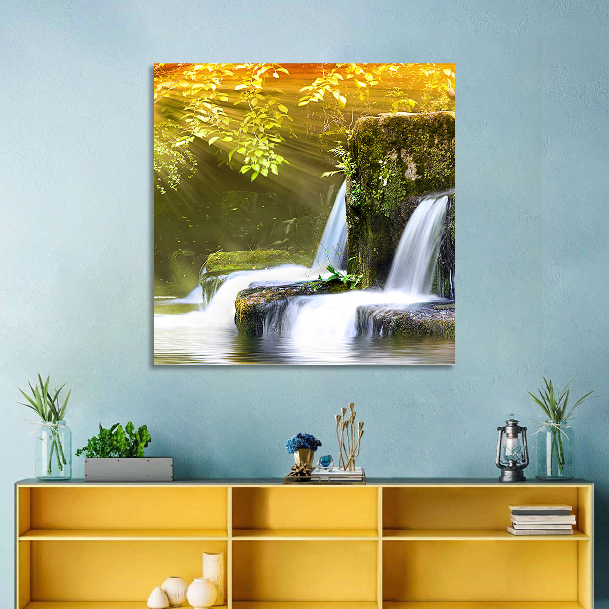Sunlit Forest Waterfall Wall Art in a room, square
