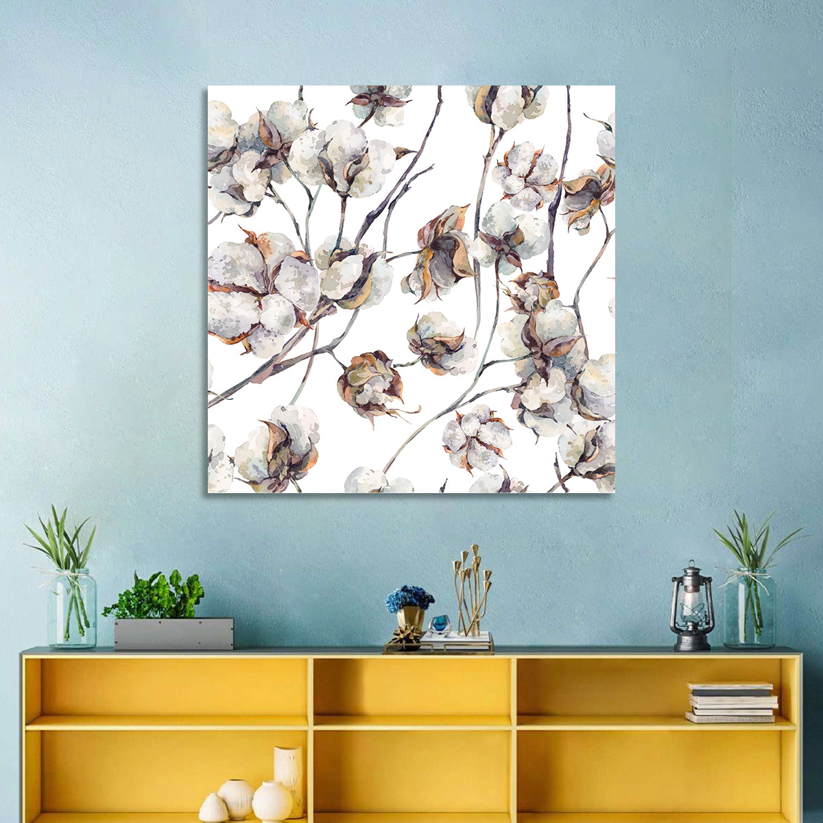 Watercolor Cotton Bolls Wall Art in a room, square