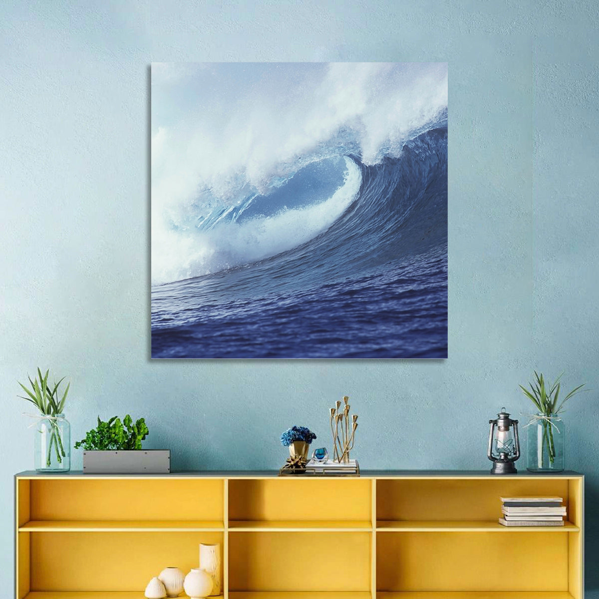 Powerful Breaking Wave Wall Art in a room, square