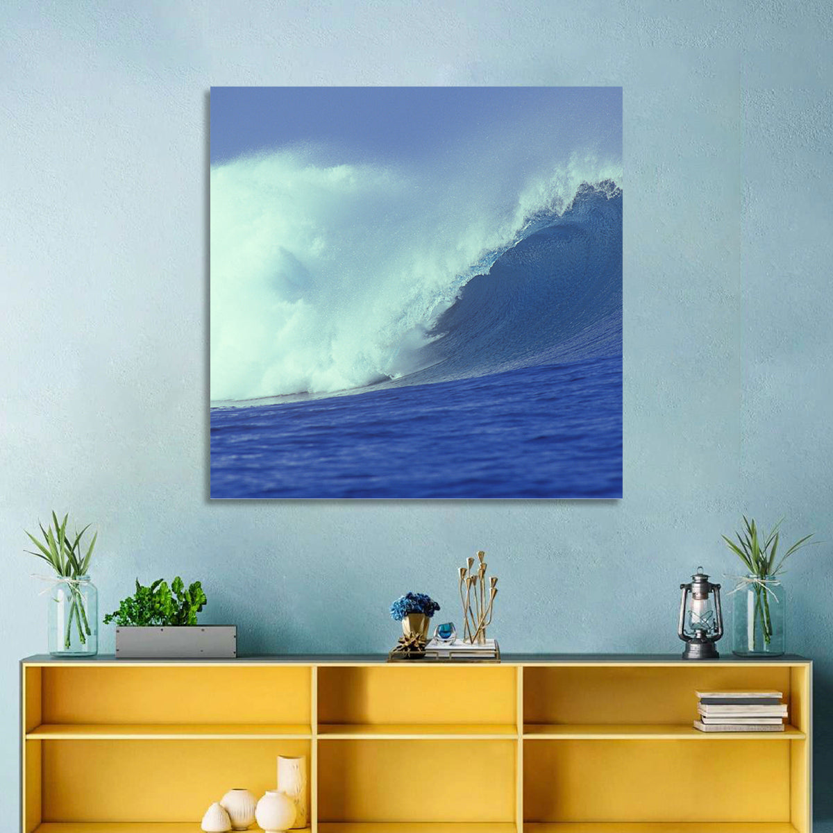 Deep Blue Barrel Wave Wall Art in a room, square