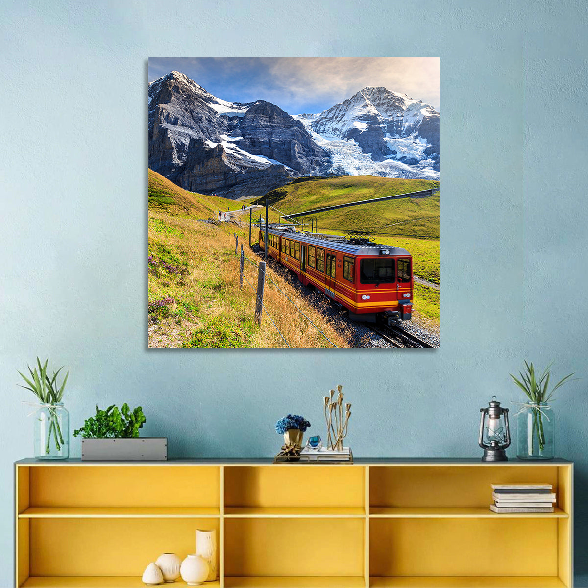 Red Alpine Train at Eiger Wall Art in a room, square