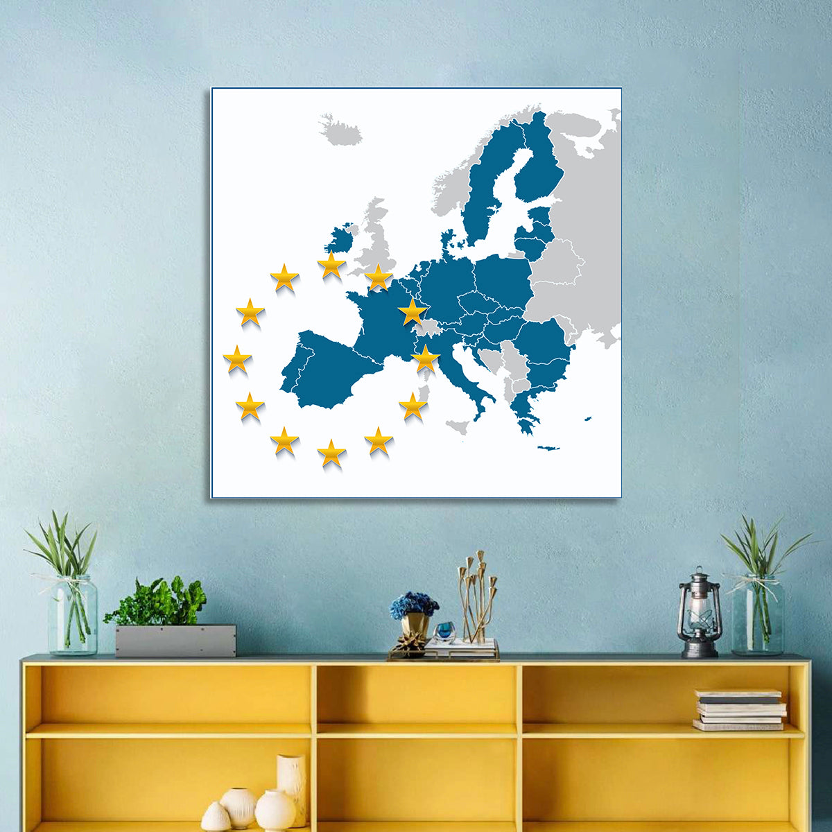 European Union Map with Stars Wall Art in a room, square