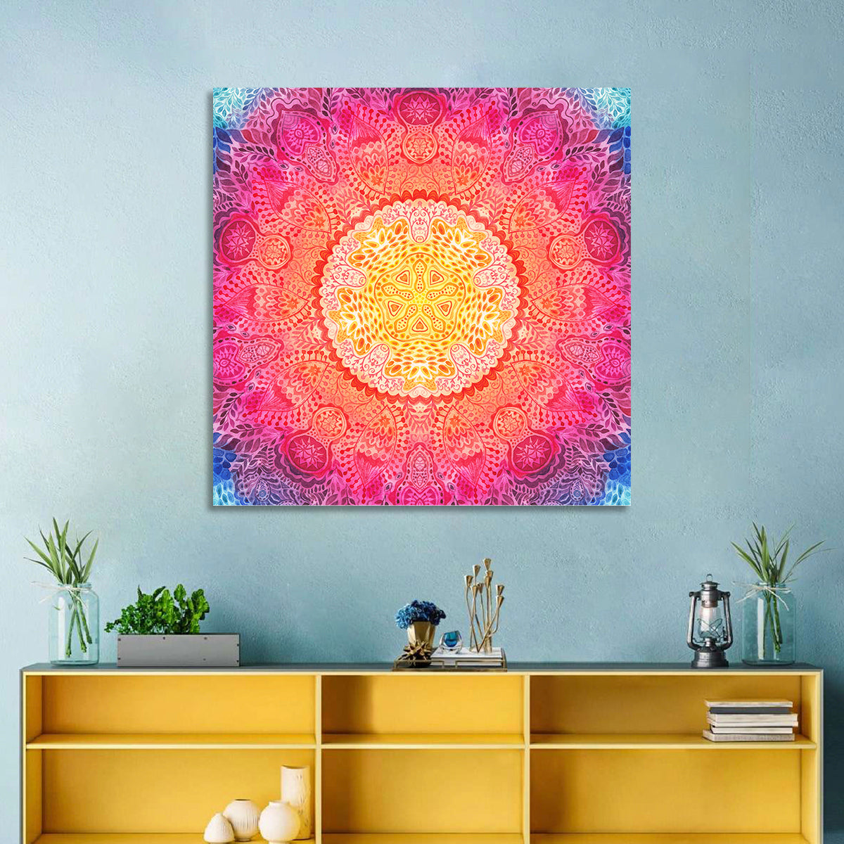 Watercolor Lace Mandala in Pink and Gold Wall Art in a room, square