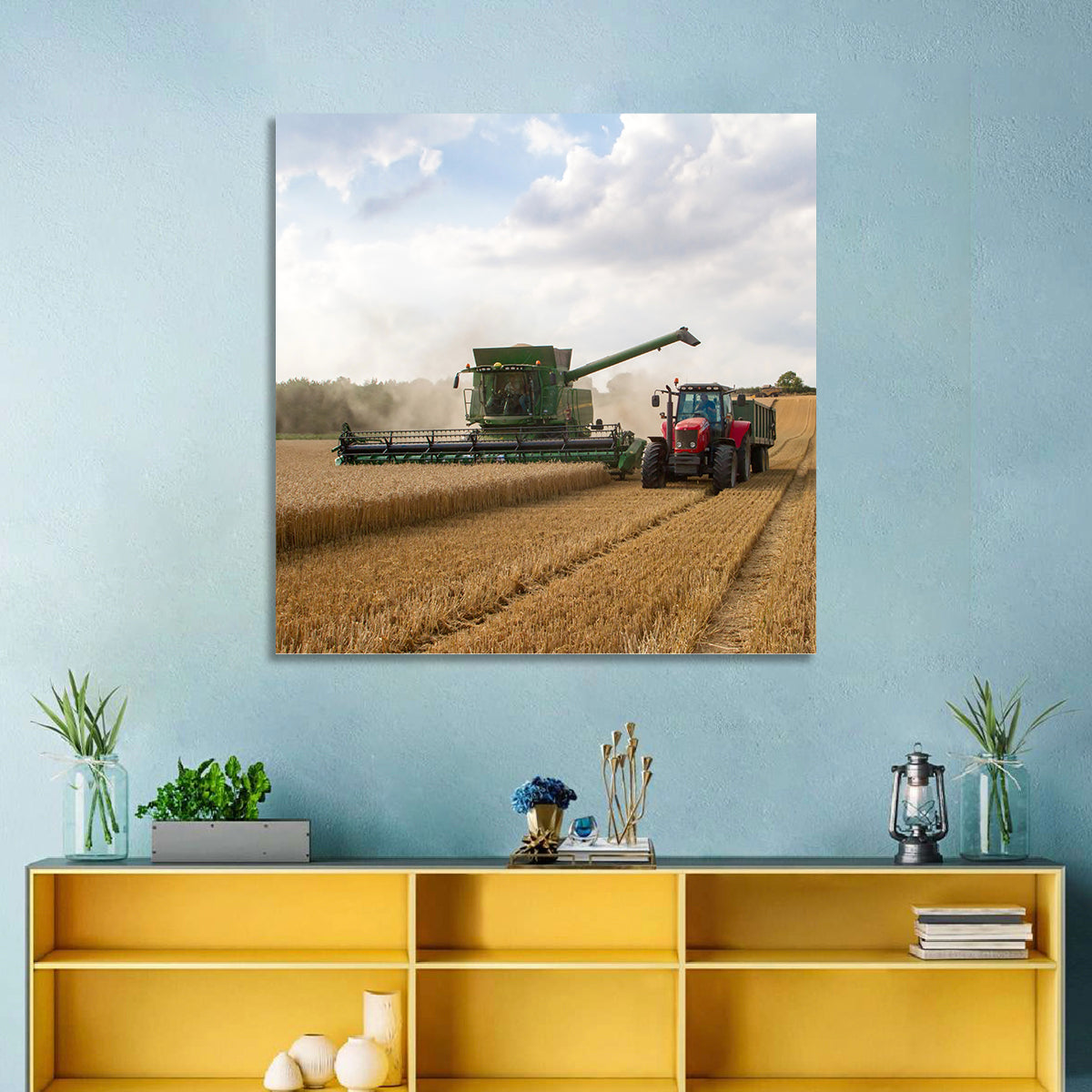 Wheat Harvest with Combine and Tractor Wall Art in a room, square