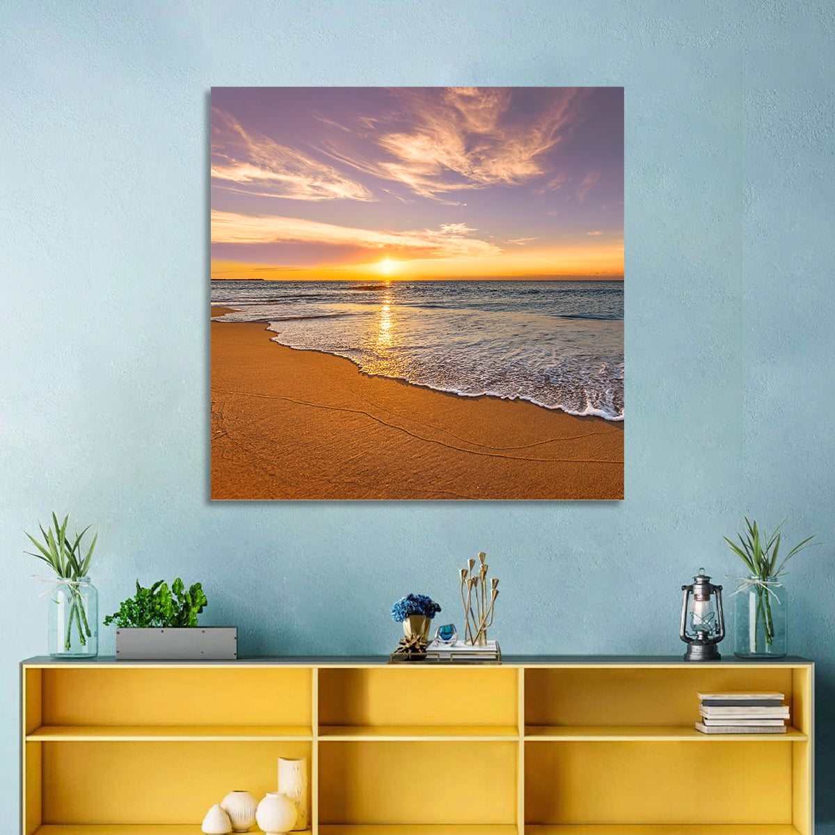 Sunrise Over Ocean Beach Wall Art in a room, square