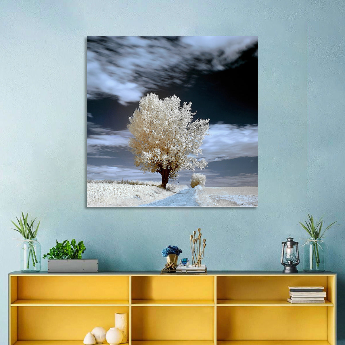 Infrared Winter Willow Tree Wall Art in a room, square