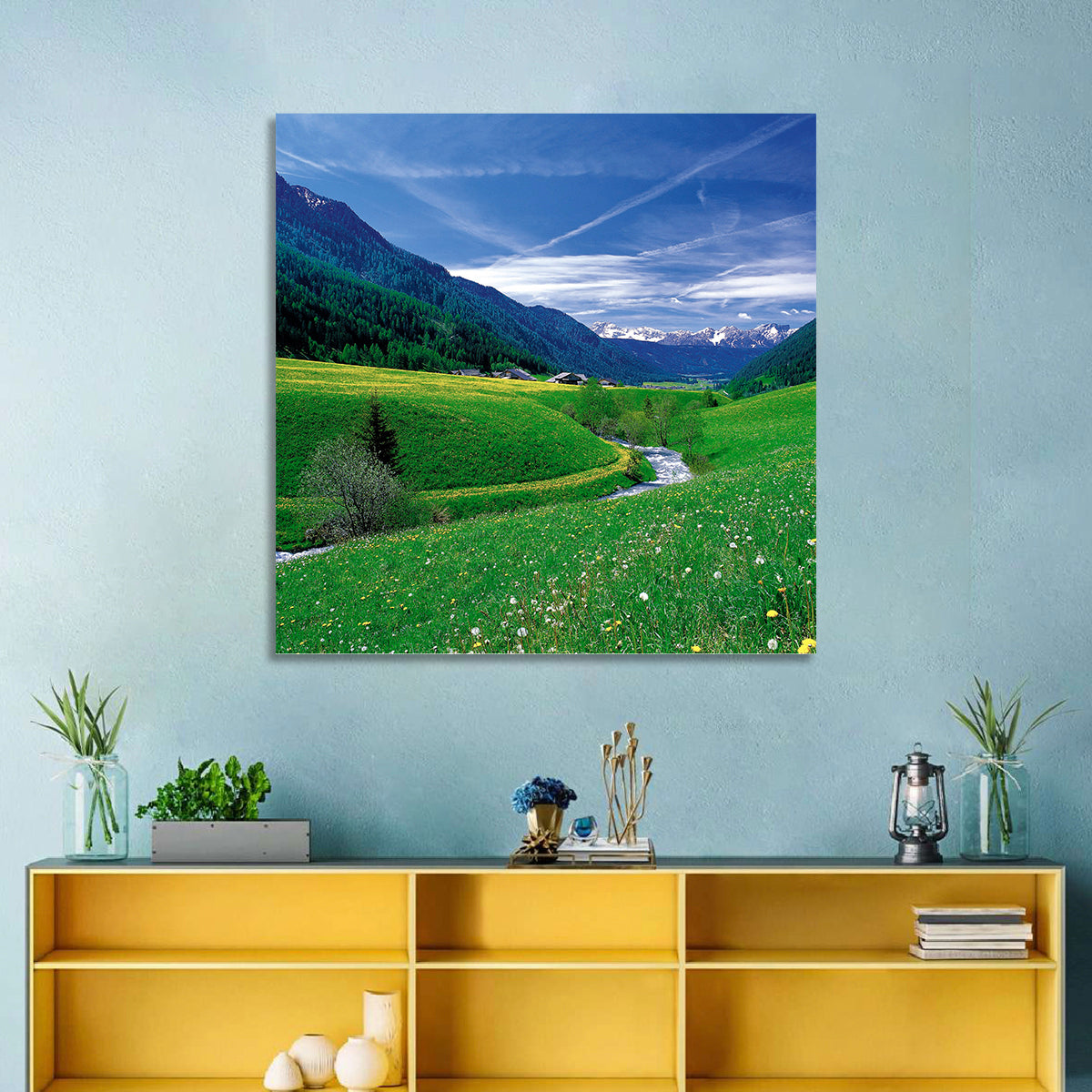 Snow-capped Peaks and Floral Meadow Wall Art in a room, square