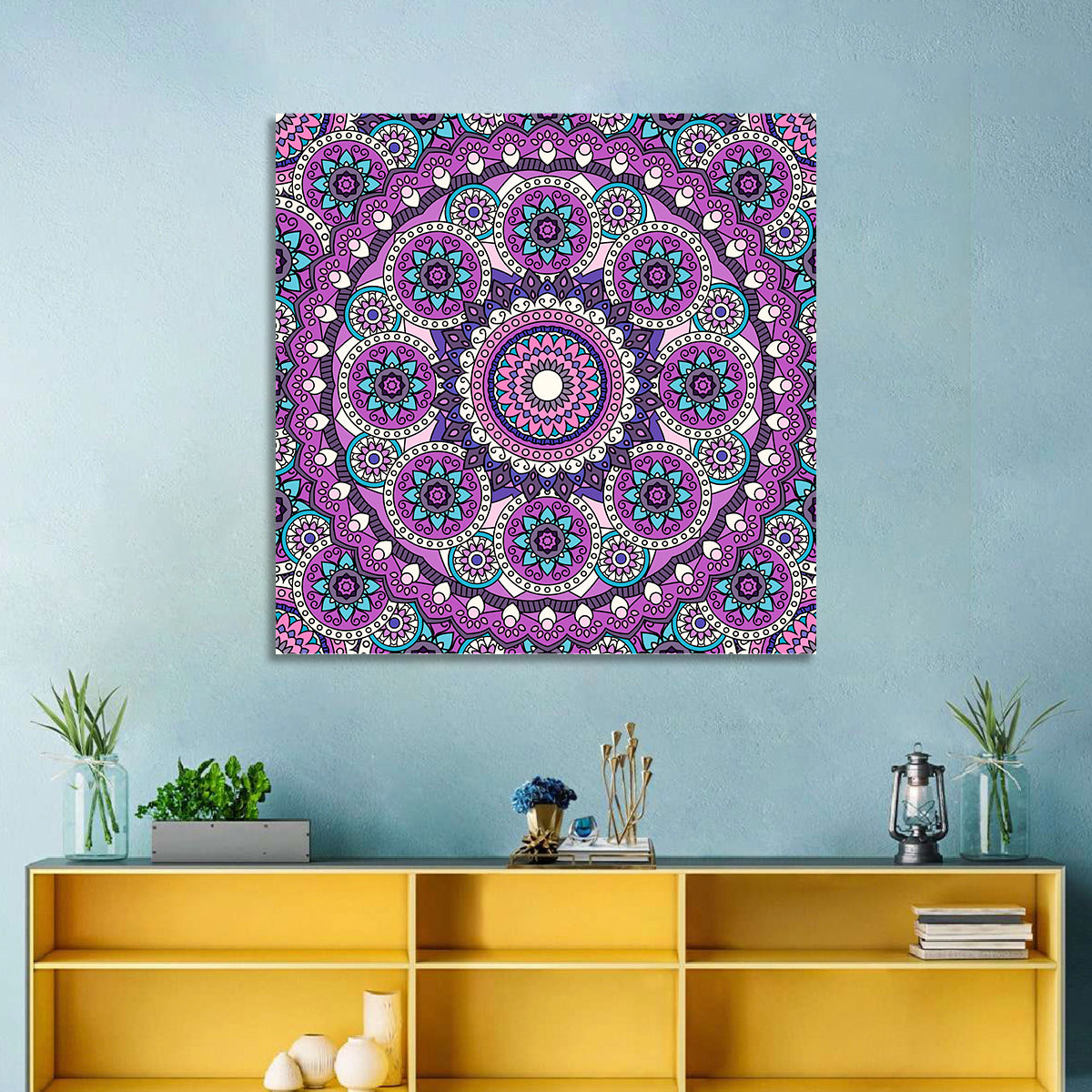 Vibrant Purple Teal Mandala Pattern Wall Art in a room, square