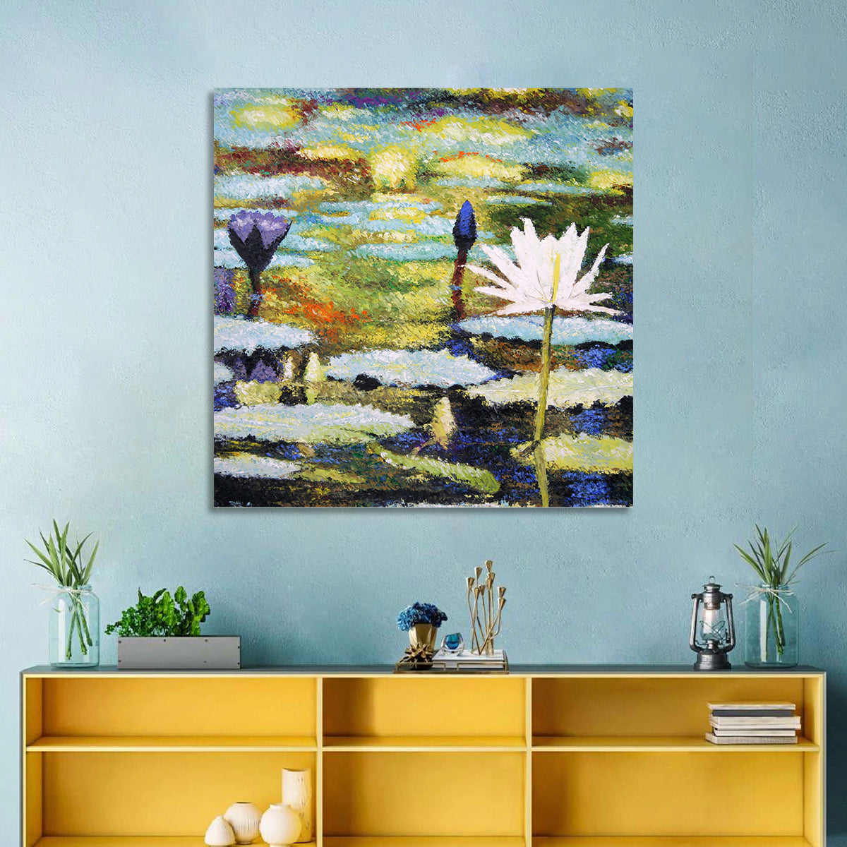 Impressionist Water Lilies Study Wall Art in a room, square