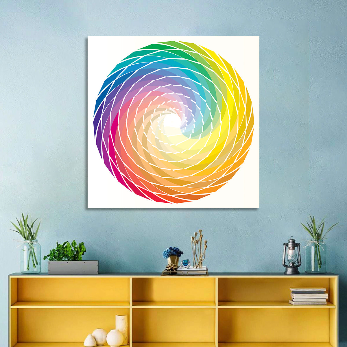 Radial Rainbow Spiral Wall Art in a room, square