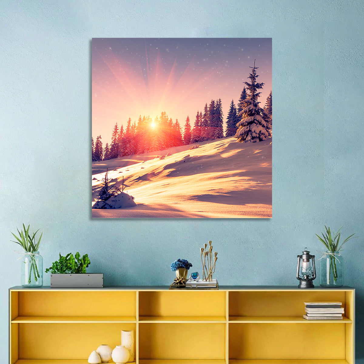 Winter Mountains Sunrise Wall Art in a room, square